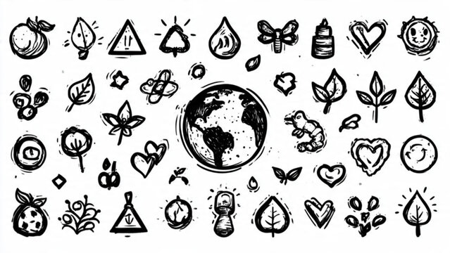 Collection of hand-drawn nature icons with earth globe leaves hearts water drops flowers and plants vector illustration for environmental themes