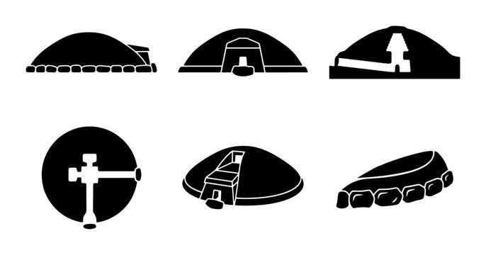 Ancient Burial Mounds, Tombs, Sepulchers Vector Icons Set