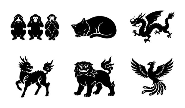 Mythical Creatures Vector Icons: Dragon, Phoenix, Foo Dog, Cat, Monkeys
