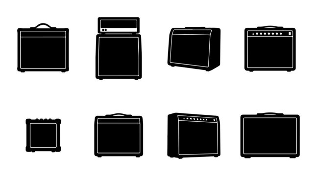 Guitar Amplifier Icons Set, Music Equipment Vector Collection, Black Retro Sound Gear