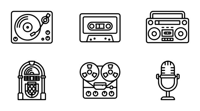 Retro Audio Icons: Turntable, Cassette, Boombox, Jukebox, Reel-to-Reel, Microphone