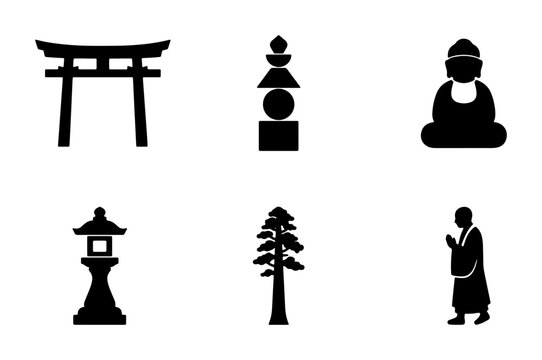 Japanese Culture Icons: Torii Gate, Pagoda, Buddha, Lantern, Tree, Monk