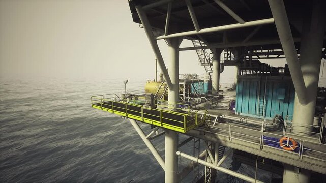 Offshore oil rig winch machinery closeup, large cylindrical drum and cable on service deck, rusted textures and steel grating, industrial mood with ocean