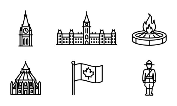 Canadian Landmarks Icons Set, Ottawa Parliament Buildings, National Symbols Vector