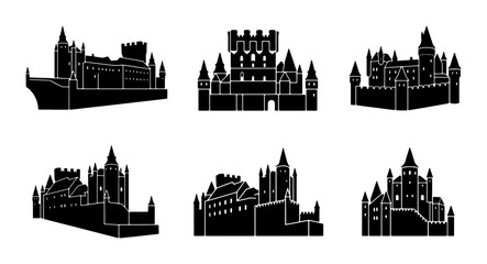 Castle Silhouettes, Medieval Fortifications, Historic Architecture Vector Set © Al