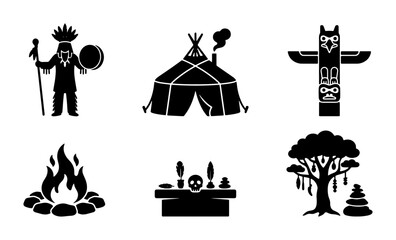 Indigenous Culture Icons: Native American Totem, Teepee, Shaman, Fire, Altar, Tree © Al