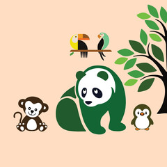 Fototapeta premium Cute vector illustration featuring panda, monkey, penguin, toucan, and parrot in playful jungle scene. Perfect for nursery decor, kids' products, educational materials, posters, and children designs.