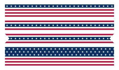USA flag border set, American patriotic stripe dividers and ribbon banner collection for Independence Day, National celebration decoration elements, Vector illustration. © Kingwardobe
