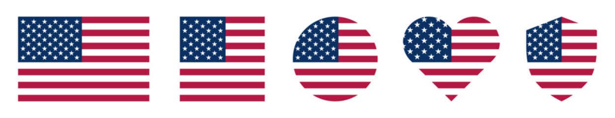 Fototapeta premium United States flag shape collection, American patriotic symbol in rectangle, square, circle, heart and shield shapes for Independence day, National celebration and USA designs, Vector illustration.