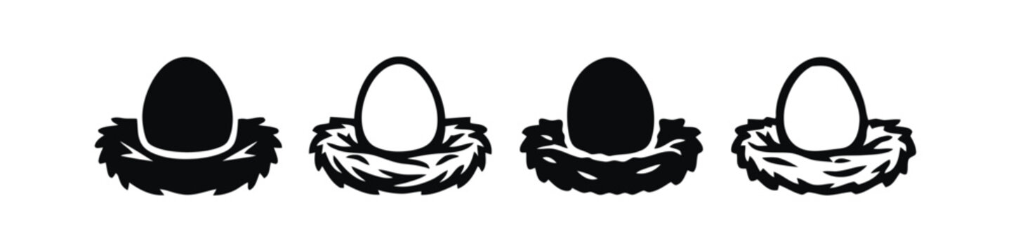 Minimalist bird nest icons with eggs, black and white vector set of four nesting symbols, simple line art nature graphics for logos