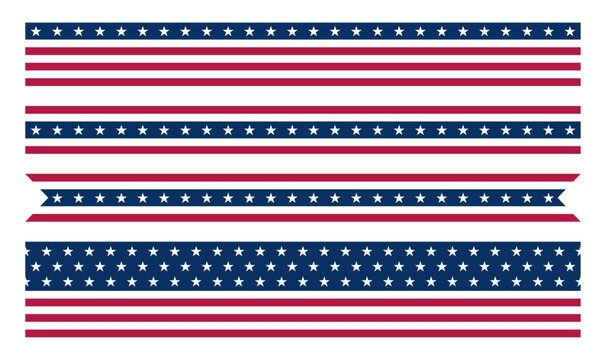 USA flag border set, American patriotic stripe dividers and ribbon banner collection for Independence Day, National celebration decoration elements, Vector illustration.