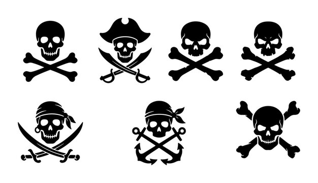 Pirate Skull Icons, Crossbones Vector Set, Nautical Danger Symbols, Black Silhouette