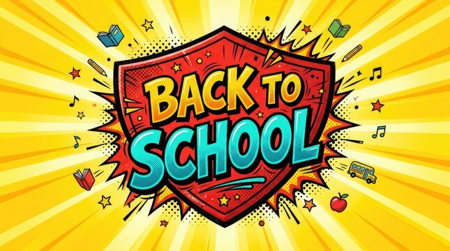 Vibrant back to school comic style illustration with educational icons