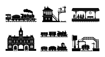 Fototapeta premium Vintage Train Station Silhouettes, Retro Locomotive Icons, Classic Railway Elements