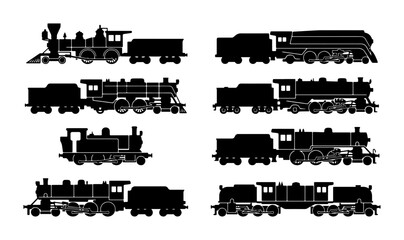 Vintage Steam Train Silhouettes, Retro Locomotive Collection, Classic Railroad Engine Icons © Al