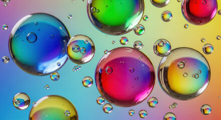 Naklejka premium Rainbow colored oil bubbles, iridescent spheres, colorful liquids, macro photography