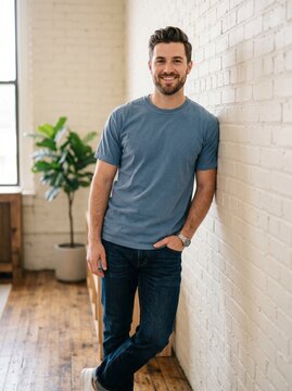 Full-length portrait of a smiling young White man leaning against a brick wall in a bright loft apartment, happy casual lifestyle concept