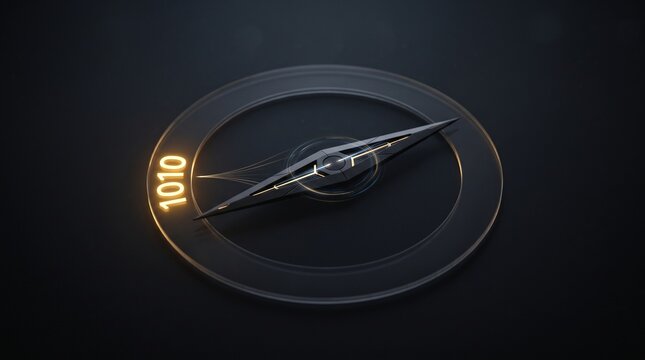 Futuristic dark compass with metallic needle pointing to glowing 1010 binary digits
