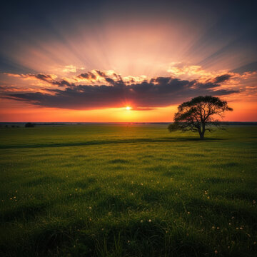Dramatic sunset over green meadow with lone tree, golden hour sun rays through clouds, peaceful rural landscape at dusk, vibrant nature scenery