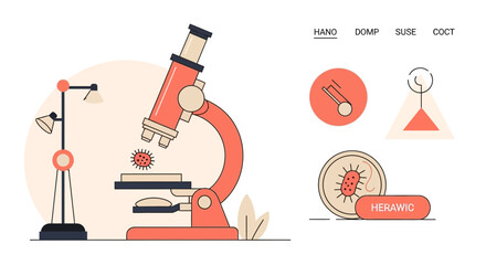 Naklejka premium Scientific Illustration: Conceptual Depiction of Microscopic Analysis and Biomedical Research
