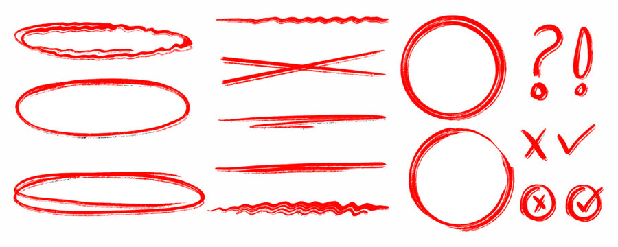 Adobe Illustrator Red Brush Underlines Vector Isolated Set, Grunge Ink Doodle Circles Pack For Text Highlight, Imperfect Marker Check Cross Correction Graphic Element