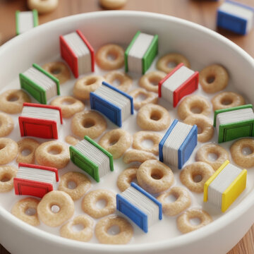 Surreal miniature books in cereal bowl with milk, creative education and knowledge concept, colorful tiny book elements floating in breakfast oats