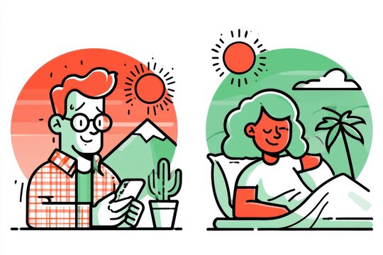 One person checks their phone in a red zone, while another relaxes in a green space, enjoying offline time.