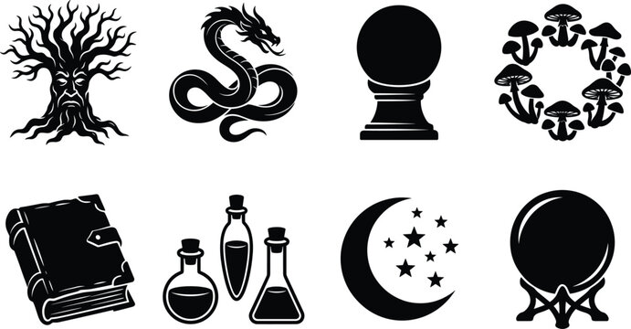 Collection of fantasy and magic icons featuring mystical trees, dragons, spellbooks, potions, and crystal balls