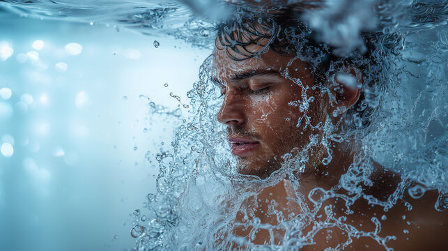 Young man submerged in water with flowing droplets and soft lighting