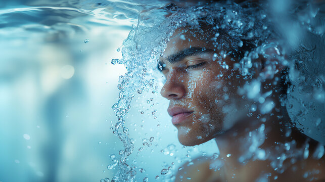 Young man submerged in water with drops cascading around his face