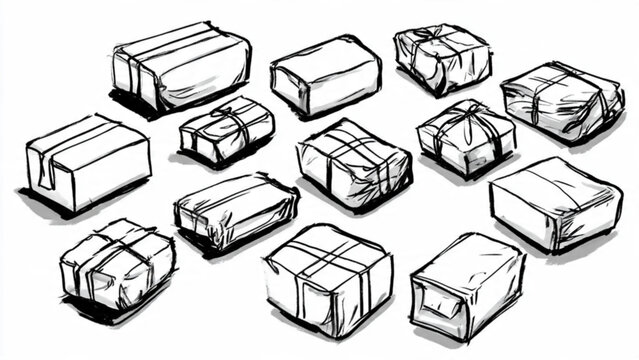 Set of hand-drawn boxes in various shapes and sizes ideal for packaging designs and product presentation sketches
