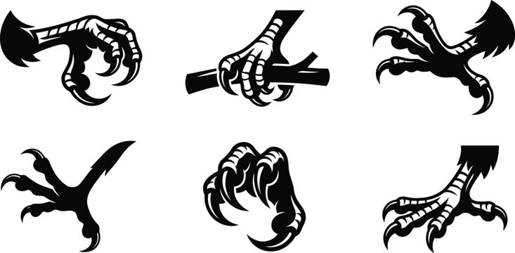Bird claws and raptor talons silhouette collection, eagle and hawk talons vector set, sharp bird of prey feet symbols, predator claws mascot icons isolated