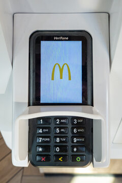 Stockholm, Sweden A credit card reader at an ordering terminal in a McDonald's restaurant.