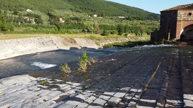Push In Shot at Sunset on Cavalciotto Waterfall in Prato Tuscany Italy