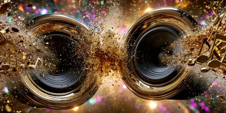 Dynamic digital illustration of golden speakers facing each other with musical notes and particles exploding in the center.