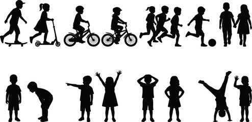 Children playing riding bicycles skateboard and running outdoor activities silhouettes set isolated on white background © IconicCreations