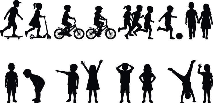 Children playing riding bicycles skateboard and running outdoor activities silhouettes set isolated on white background