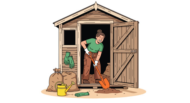 Woman shoveling dirt outside wooden shed with gardening supplies