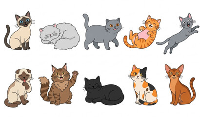 Fototapeta premium Funny cartoon kitten vector pack with purebred cat doodle characters isolated on white