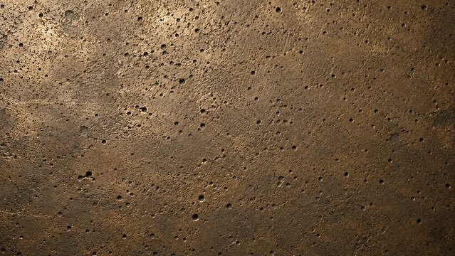 Close-up view of a rough, pitted metallic surface with a warm bronze hue and uneven texture.