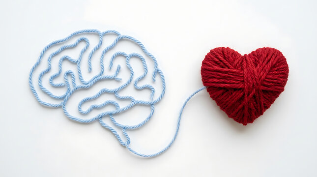 Creative brain and heart yarn composition showing the connection between logic and emotion
