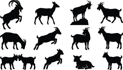 Fototapeta premium Goat Silhouette Vector Icon Set with Wild Ibex Ram and Farm Animal Poses for Farming Wildlife and Hunting Logo Design Elements