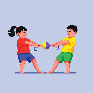 Two children tugging on a toy in a competition