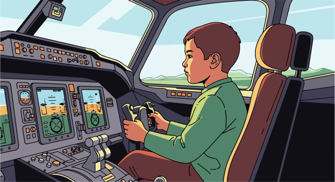 Young boy in pilot seat of aircraft cockpit flying over landscape