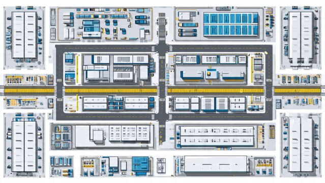 aerial view of modern train station with trains platforms and tracks in urban setting
