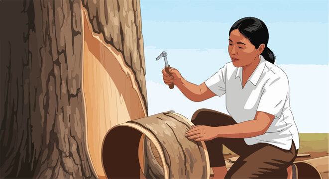 Person harvesting bark from tree trunk with hammer outdoors