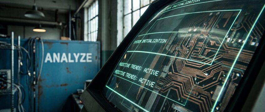 Retro computer terminal screen displaying predictive analytical data in an industrial laboratory setting, showcasing vintage technology and old cyber security hardware with a futuristic hacker vibes.