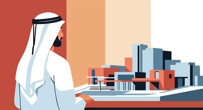 Man in traditional attire observing architectural model of city buildings