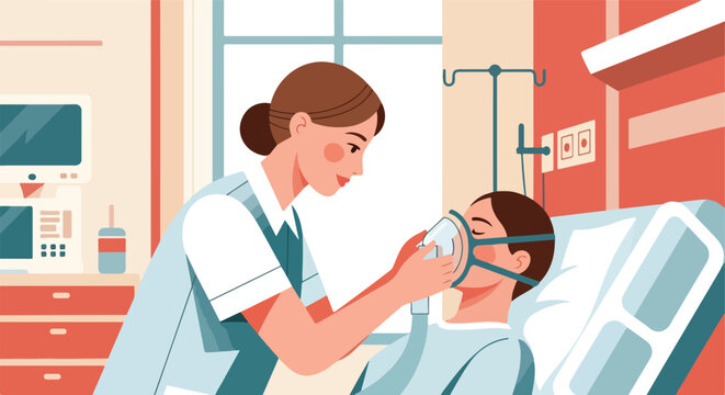 Nurse helps patient with oxygen mask in hospital room