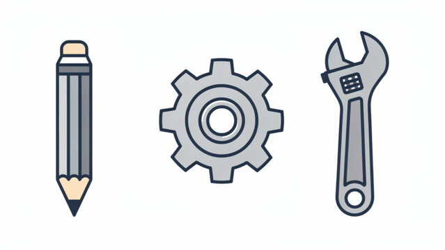 Technical tools set including pencil gear and wrench in minimal line art style for engineering and maintenance concepts